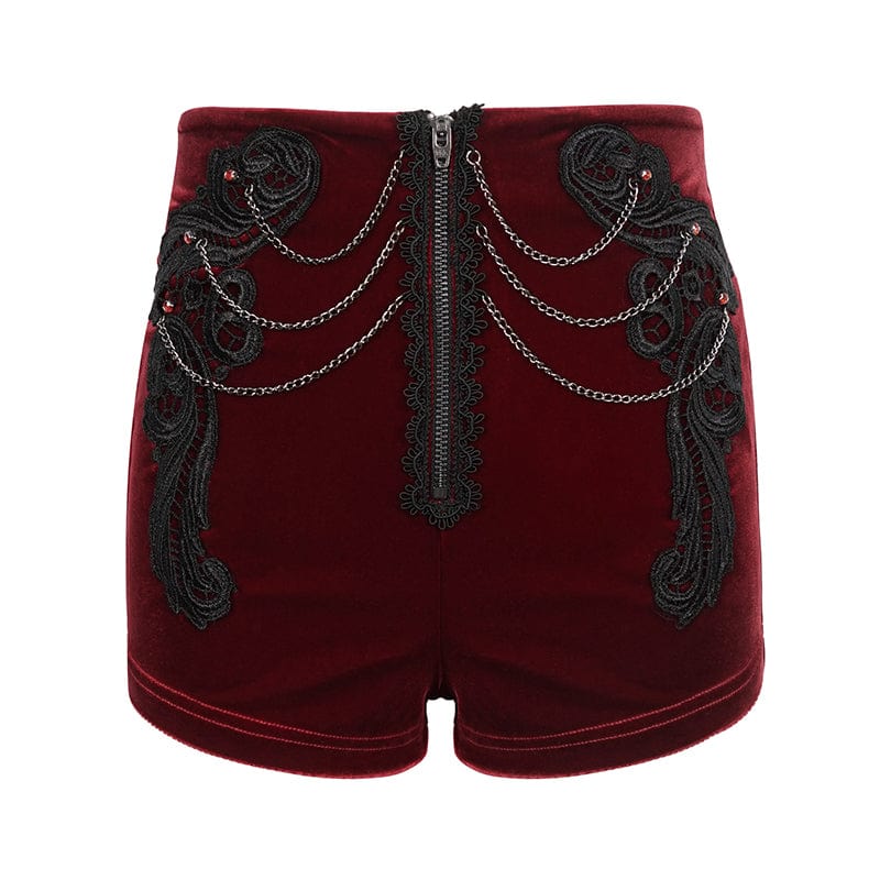 DEVIL FASHION Women's Gothic Floral Embroidered Chain Velvet Shorts Red