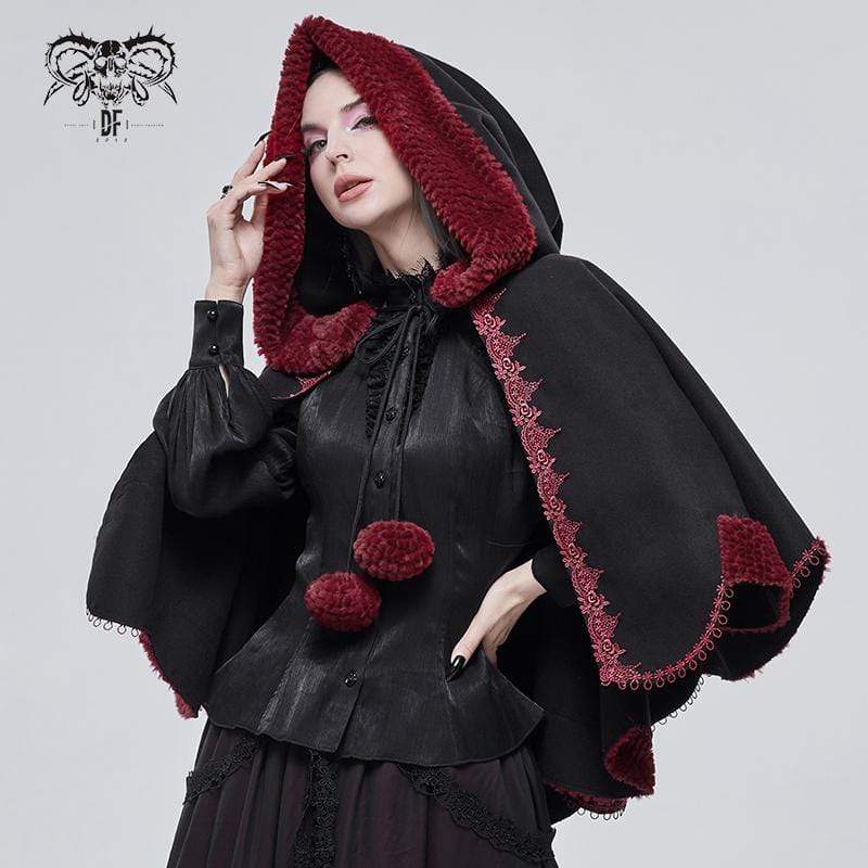 DEVIL FASHION Women's Gothic Floral Embroidered Splice Cape with Hood Black