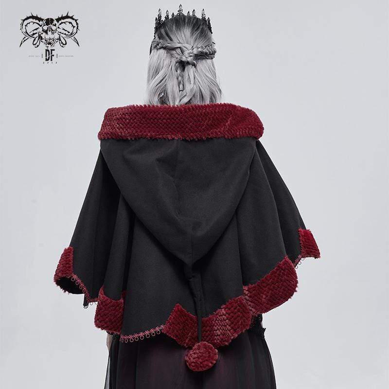 DEVIL FASHION Women's Gothic Floral Embroidered Splice Cape with Hood Black