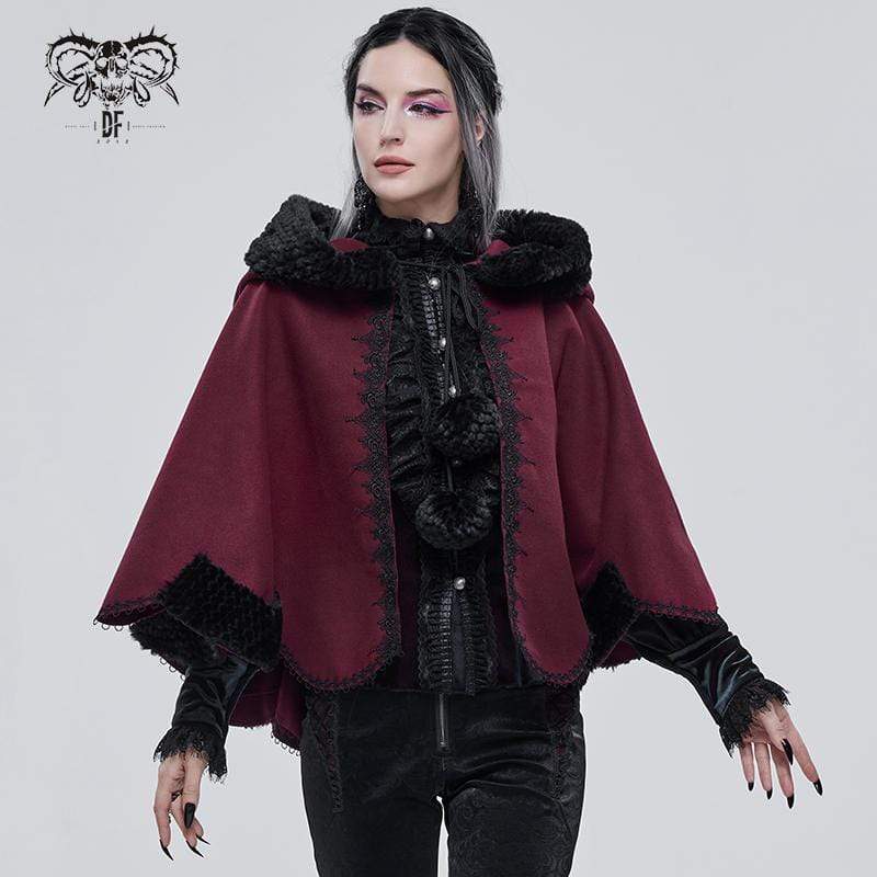 DEVIL FASHION Women's Gothic Floral Embroidered Splice Cape with Hood Red