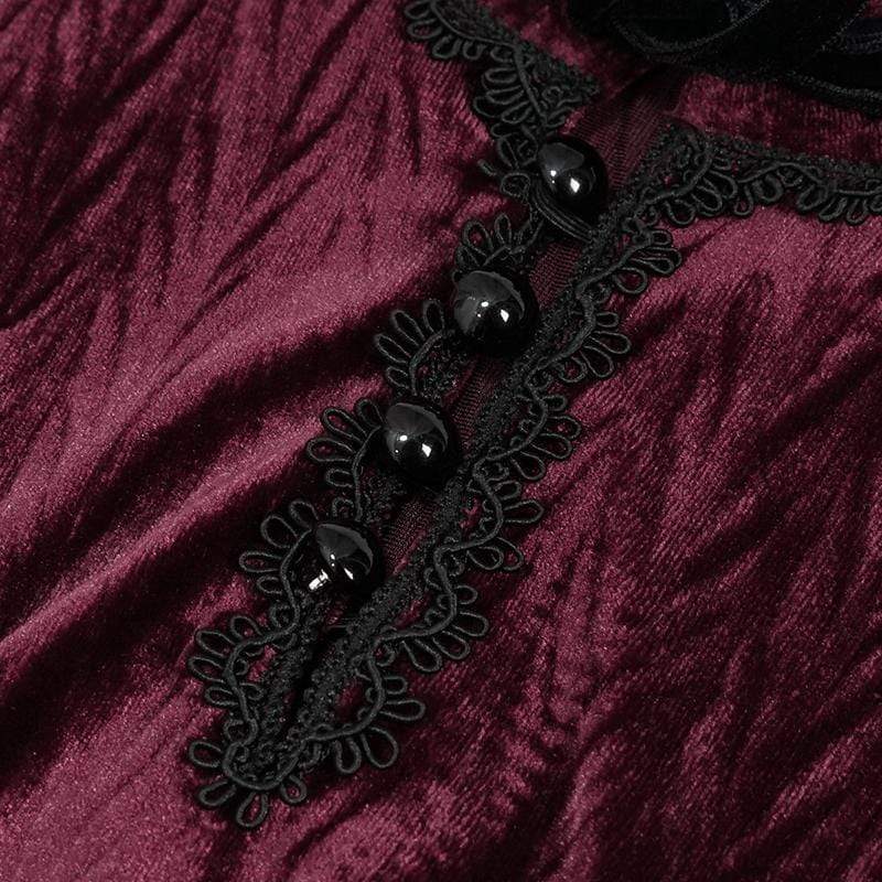 Women's Gothic Floral Embroidered Splice Red Velvet Top