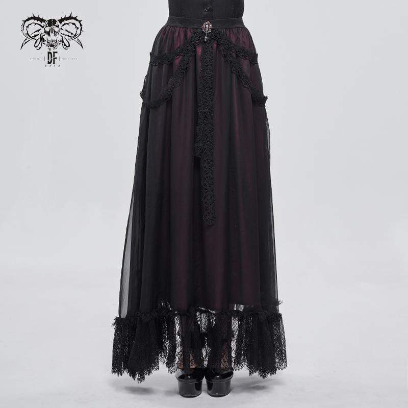 DEVIL FASHION Women's Gothic Floral Lace Splice Layered Skirt
