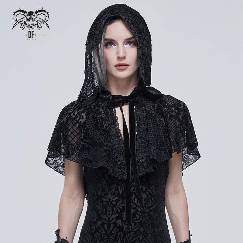 DEVIL FASHION Women's Gothic Floral Mesh Cape with Hood