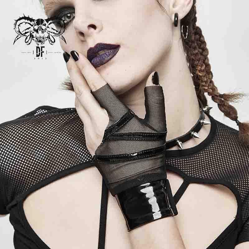 DEVIL FASHION Women's Gothic Full Mesh PU Irregular Gloves