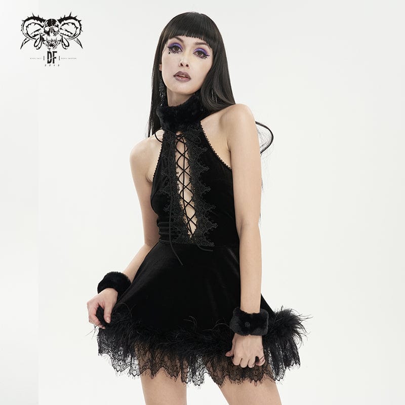 DEVIL FASHION Women's Gothic Halterneck Fluffy Splice Velvet Dress