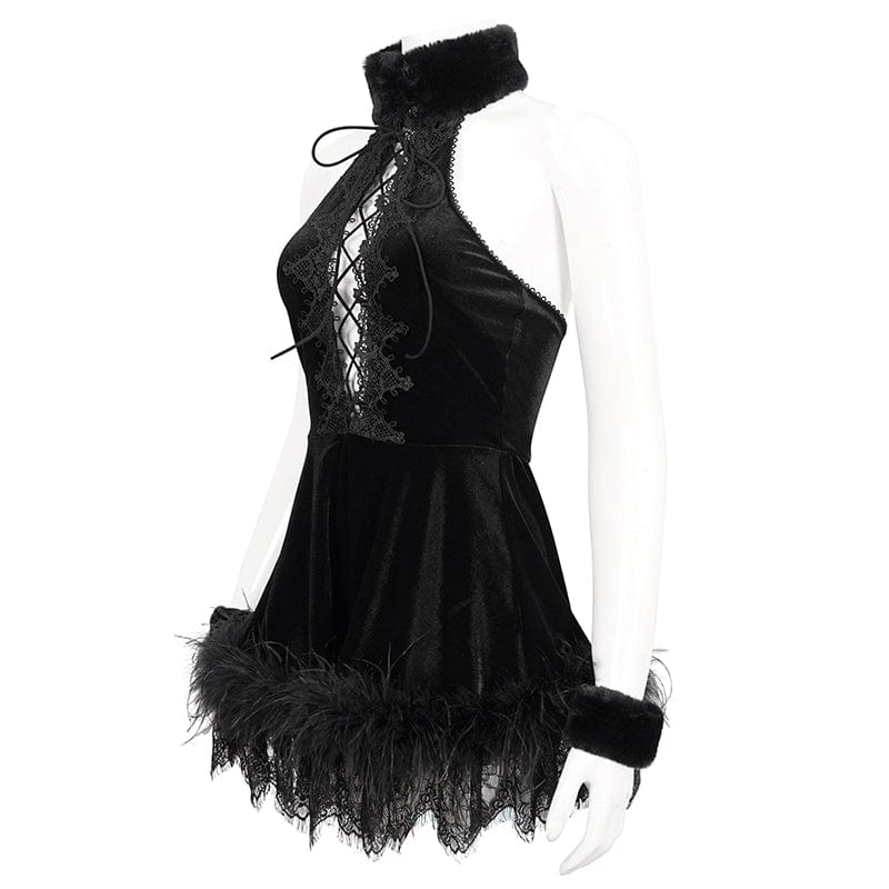DEVIL FASHION Women's Gothic Halterneck Fluffy Splice Velvet Dress