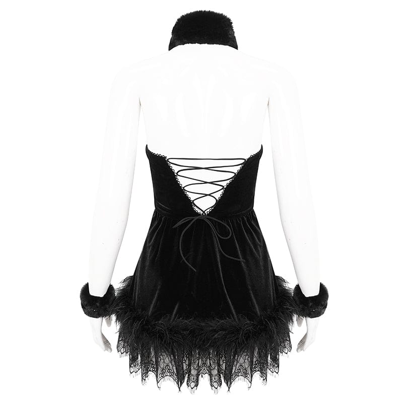 DEVIL FASHION Women's Gothic Halterneck Fluffy Splice Velvet Dress