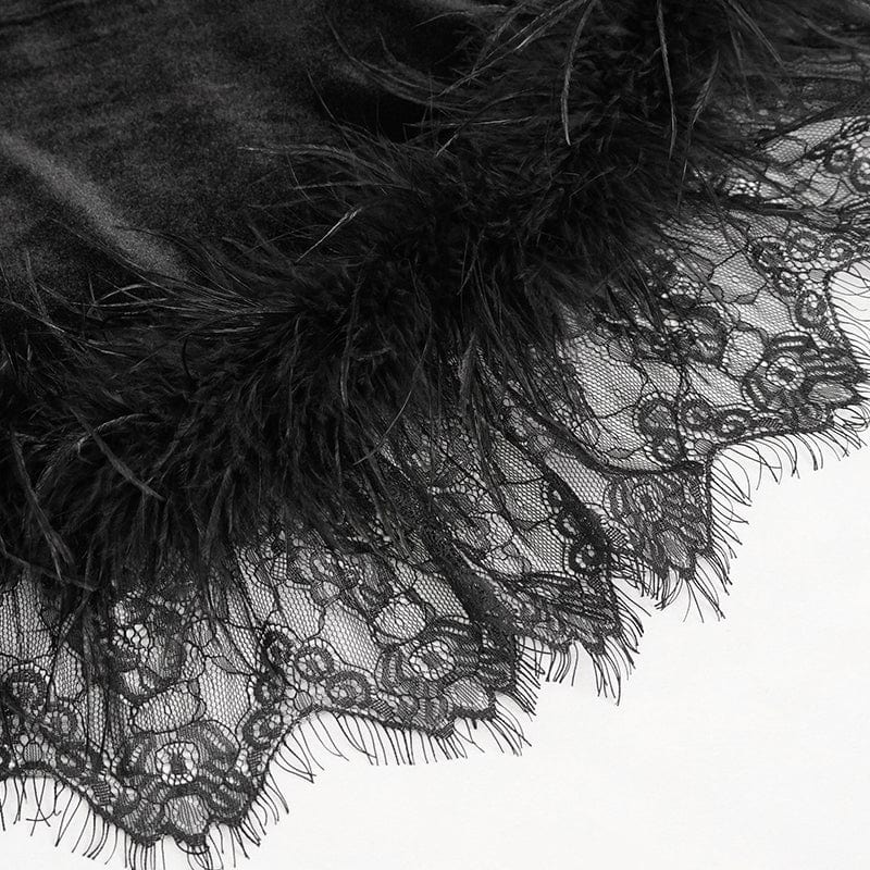 DEVIL FASHION Women's Gothic Halterneck Fluffy Splice Velvet Dress