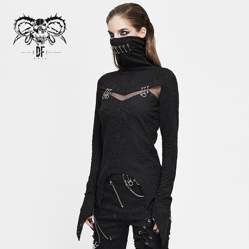 DEVIL FASHION Women's Gothic High Collar Mesh Jacquard Tops