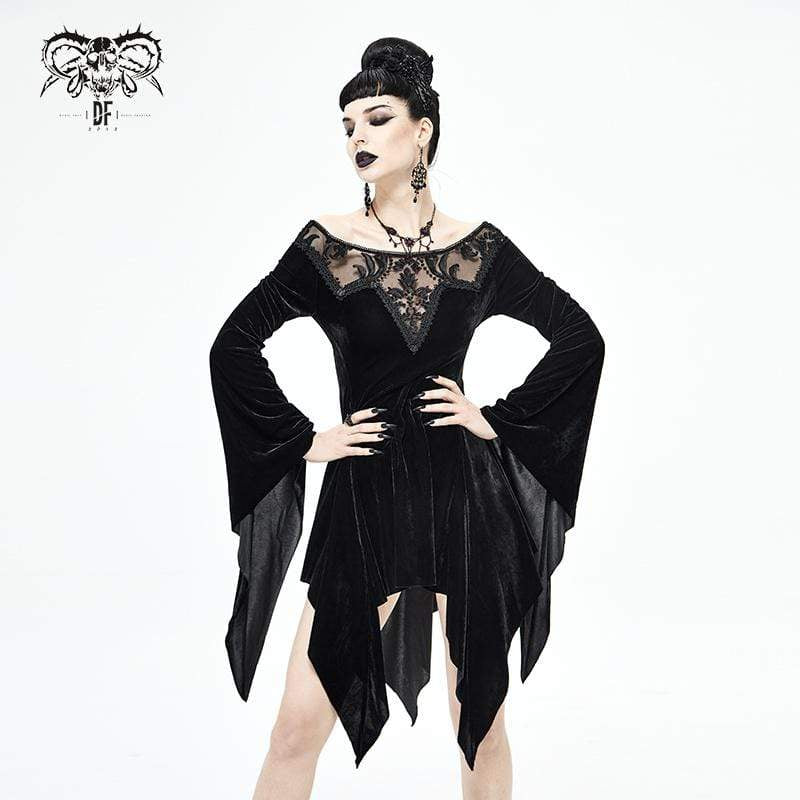 Women's Gothic Irregular Floral Embroidered Black Dress