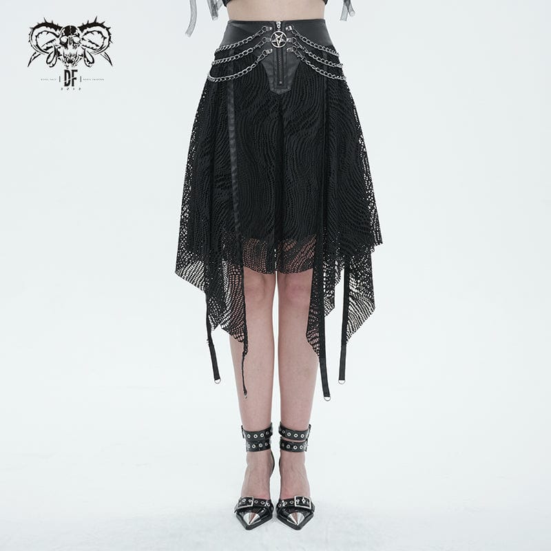 DEVIL FASHION Women's Gothic Irregular Mesh Skirt with Chain