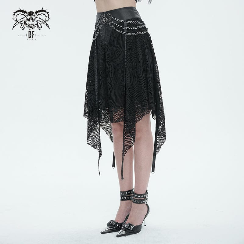 DEVIL FASHION Women's Gothic Irregular Mesh Skirt with Chain