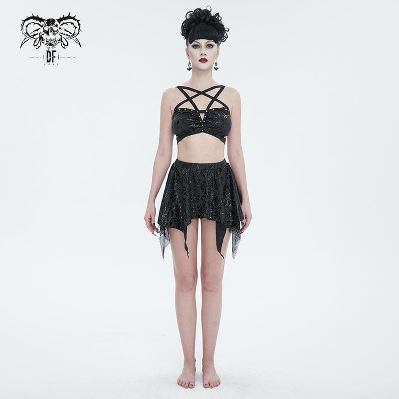 DEVIL FASHION Women's Gothic Irregular Studded Mesh Splice Swimsuit