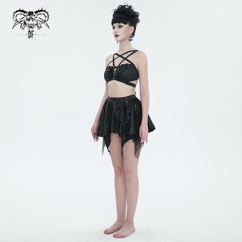DEVIL FASHION Women's Gothic Irregular Studded Mesh Splice Swimsuit