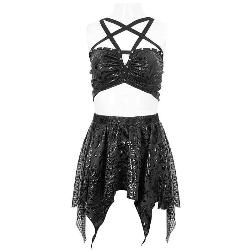 DEVIL FASHION Women's Gothic Irregular Studded Mesh Splice Swimsuit