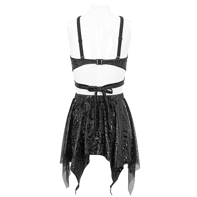 DEVIL FASHION Women's Gothic Irregular Studded Mesh Splice Swimsuit
