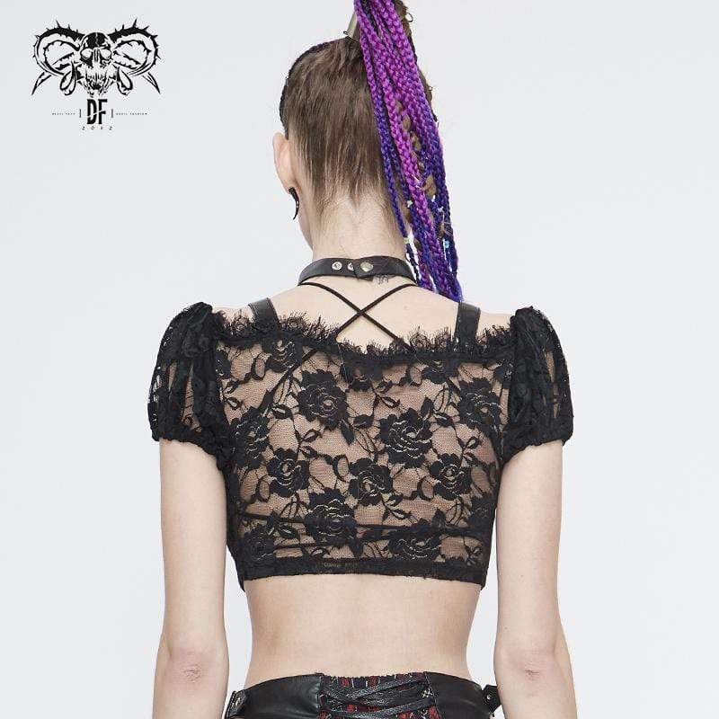 Women's Gothic Lace Overlay Scottish Check Short Puffed Sleeve Tops