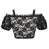 Women's Gothic Lace Overlay Scottish Check Short Puffed Sleeve Tops