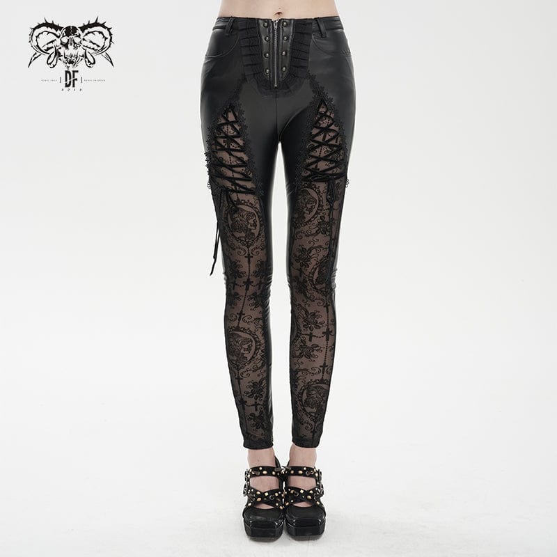 DEVIL FASHION Women's Gothic Lace Splice Faux Leather Leggings