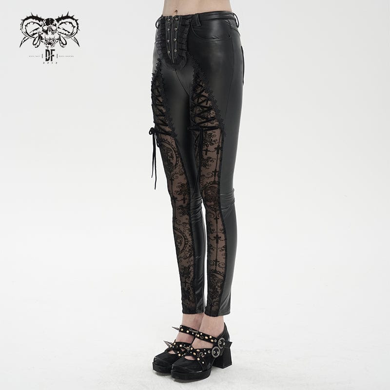 DEVIL FASHION Women's Gothic Lace Splice Faux Leather Leggings