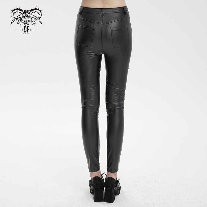DEVIL FASHION Women's Gothic Lace Splice Faux Leather Leggings