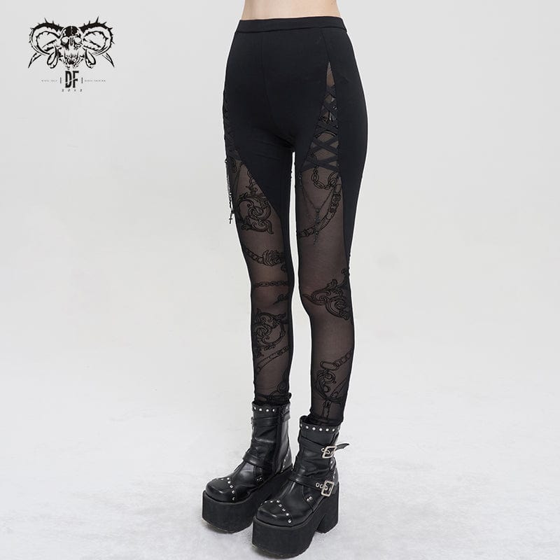 DEVIL FASHION Women's Gothic Mesh Splice Chain Leggings