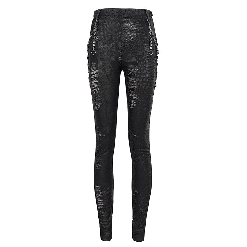 DEVIL FASHION Women's Gothic Metal Chain Ripped Leggings
