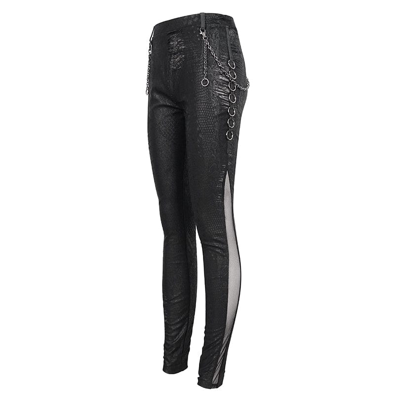 DEVIL FASHION Women's Gothic Metal Chain Ripped Leggings