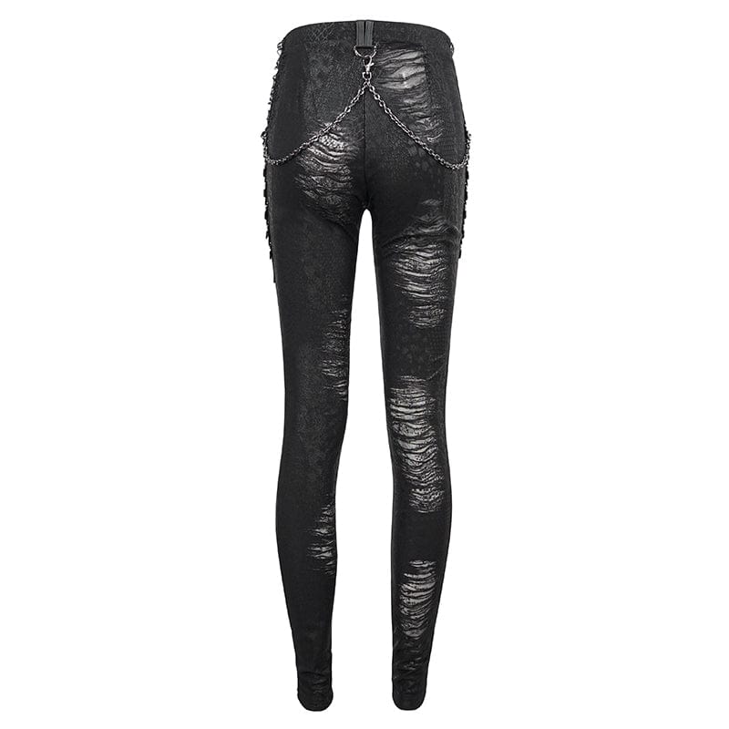 DEVIL FASHION Women's Gothic Metal Chain Ripped Leggings
