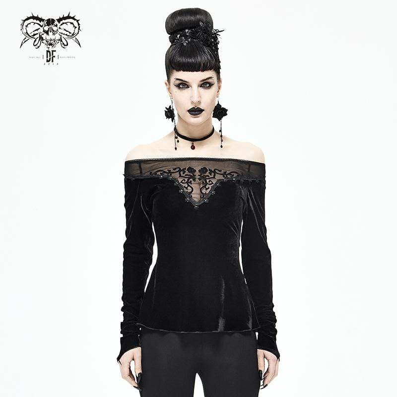 Women's Gothic Off Shoulder Floral Embroidered Black Top