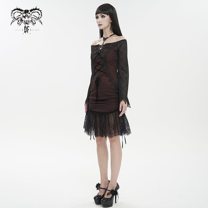 DEVIL FASHION Women's Gothic Off Shoulder Lace Splice Dress