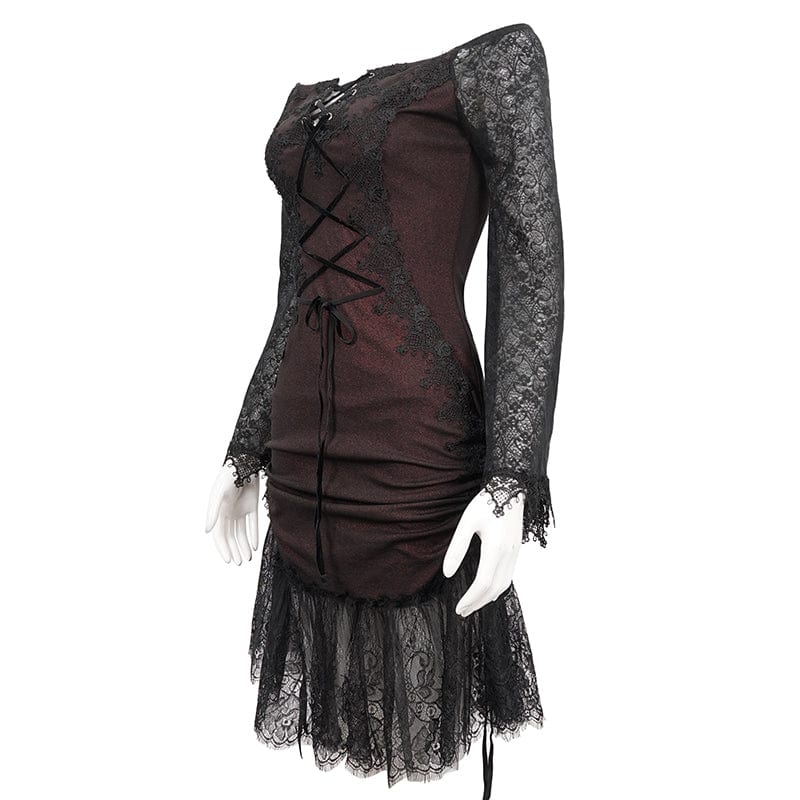 DEVIL FASHION Women's Gothic Off Shoulder Lace Splice Dress
