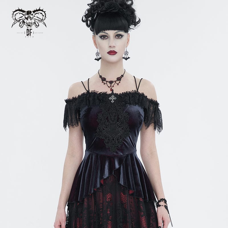 DEVIL FASHION Women's Gothic Off Shoulder Lace Splice Shirt
