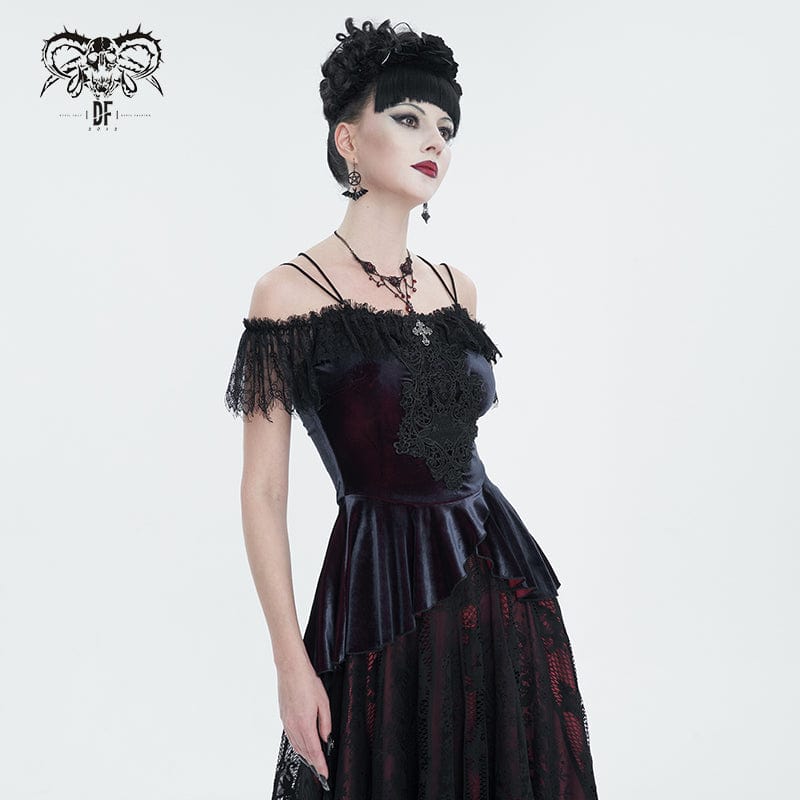 DEVIL FASHION Women's Gothic Off Shoulder Lace Splice Shirt