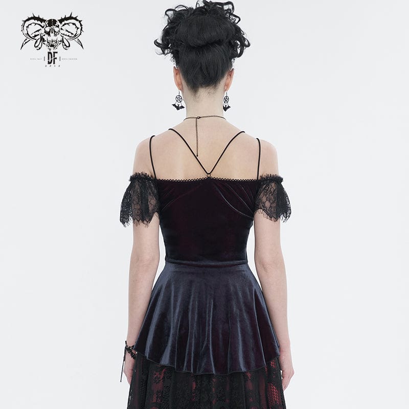 DEVIL FASHION Women's Gothic Off Shoulder Lace Splice Shirt