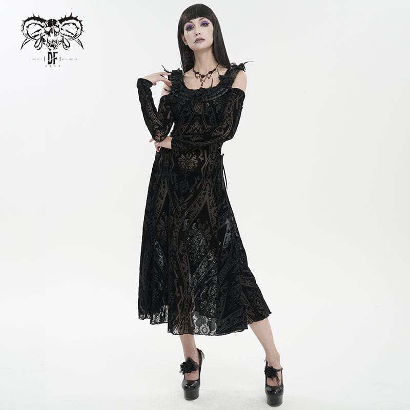 DEVIL FASHION Women's Gothic Off Shoulder Ruffled Sheer Dress