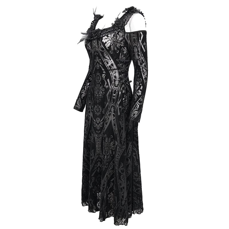 DEVIL FASHION Women's Gothic Off Shoulder Ruffled Sheer Dress