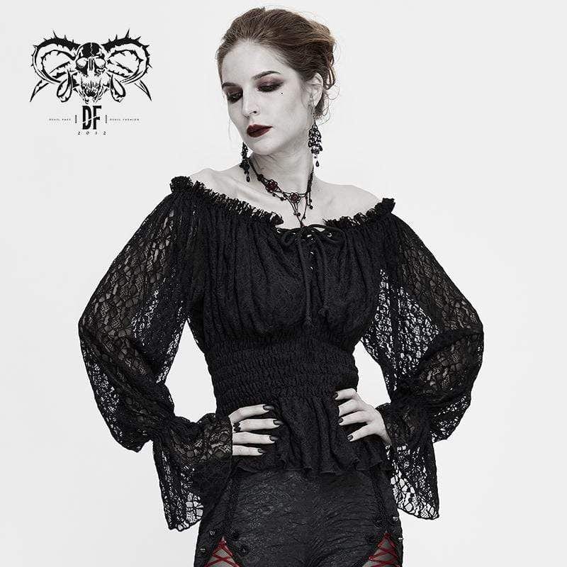 DEVIL FASHION Women's Gothic Off-shoulder Strappy Lace Sleeve Tops