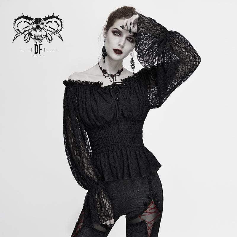 DEVIL FASHION Women's Gothic Off-shoulder Strappy Lace Sleeve Tops