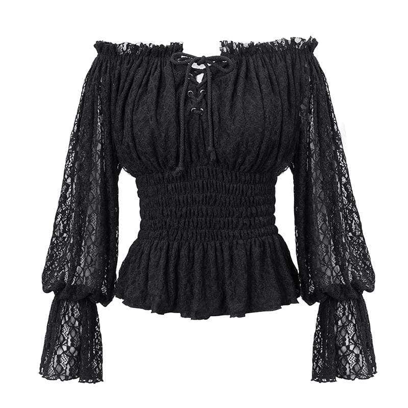 DEVIL FASHION Women's Gothic Off-shoulder Strappy Lace Sleeve Tops