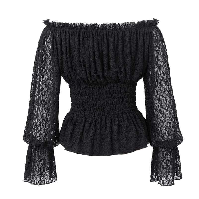 DEVIL FASHION Women's Gothic Off-shoulder Strappy Lace Sleeve Tops