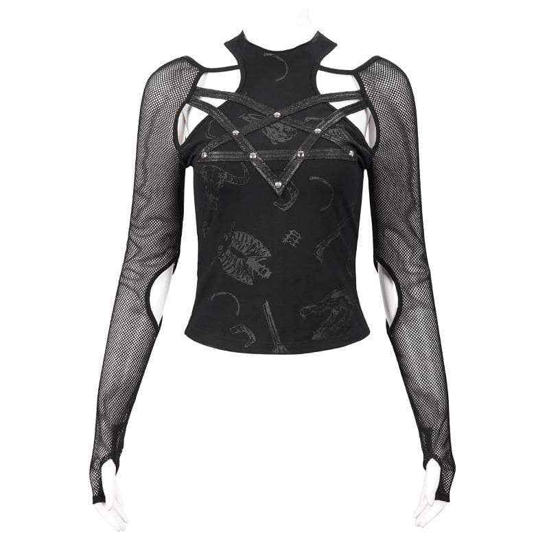Women's Gothic Pentagram Cutout Mesh Splice Top