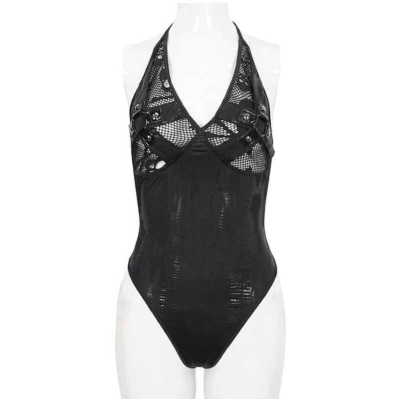 DEVIL FASHION Women's Gothic Plunging Skull Mesh Splice Swimsuit