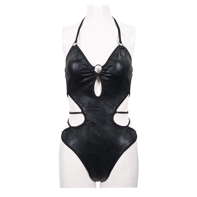 Women's Gothic Punk Black Cutout Halterneck One Piece Swimsuit