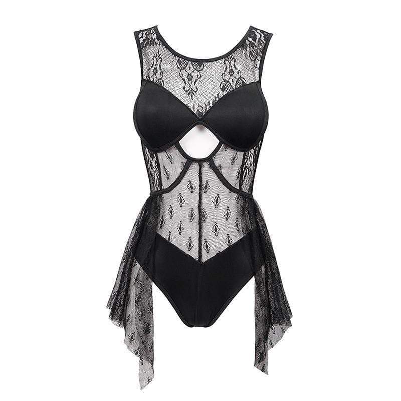 Women's Gothic Punk Black Lacy One Piece Cutout Swimsuit