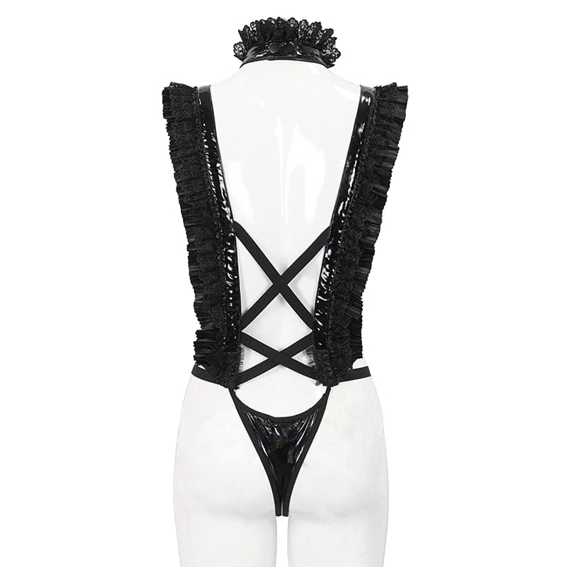 DEVIL FASHION Women's Gothic Ruffled Lace Lingerie Bodysuit