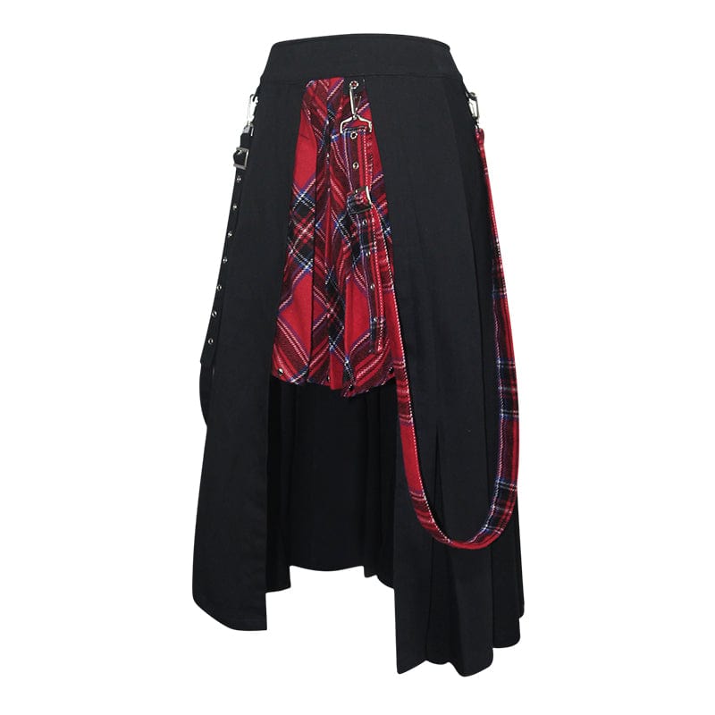 DEVIL FASHION Women's Gothic Side Slit Red Plaid Skirt with Strap