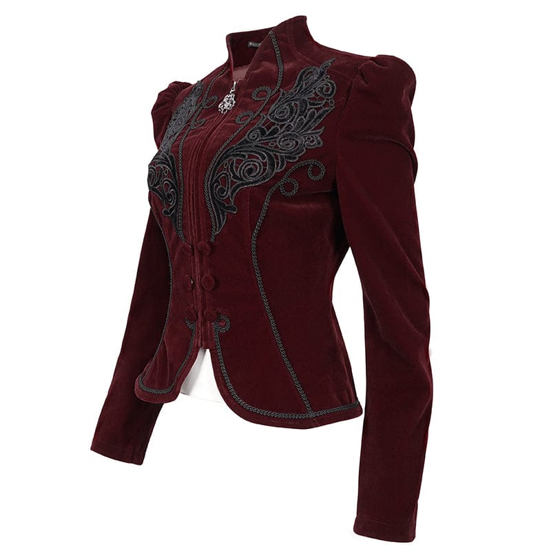 DEVIL FASHION Women's Gothic Stand Collar Floral Embroidered Jacket Red