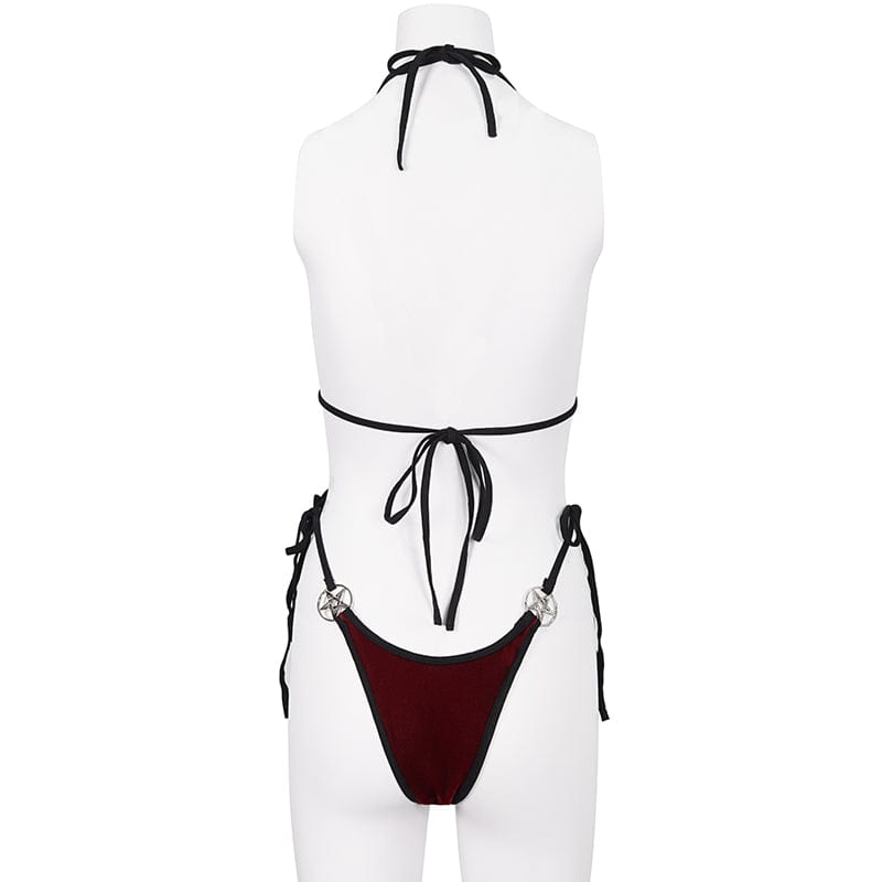 DEVIL FASHION Women's Gothic Star Tie Side Bikini Wine Red