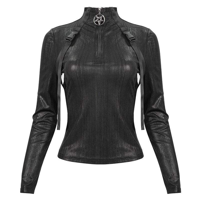 Women's Gothic Stickup Buckles Zipper Top